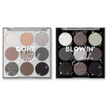 ColourPop Shadow Palette Set Metal N' Smoke displaying two 9-pan eyeshadow palettes - Gone Metal and Blowin’ Smoke - with cool-toned silvers, taupes, charcoal, and black in matte, shimmer, and glitter pans, opened side by side on a white background.