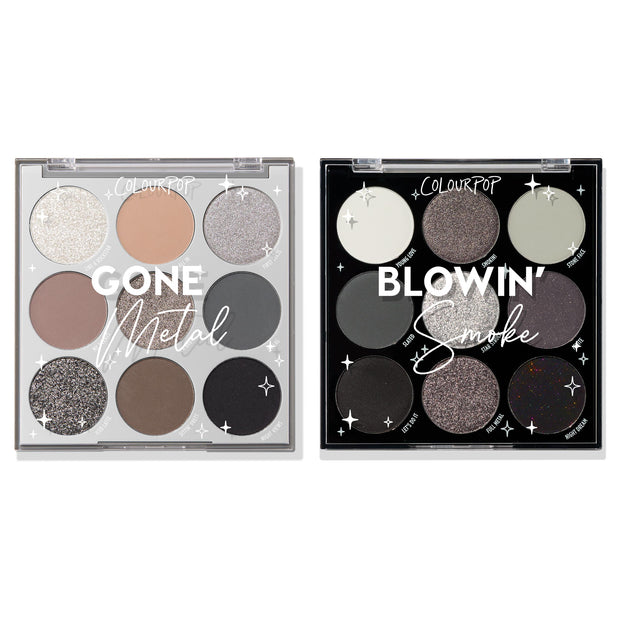 ColourPop Shadow Palette Set Metal N' Smoke displaying two 9-pan eyeshadow palettes - Gone Metal and Blowin’ Smoke - with cool-toned silvers, taupes, charcoal, and black in matte, shimmer, and glitter pans, opened side by side on a white background.