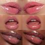 Glossy lips showcase the It’s Giving Juicy, ColourPop So Juicy Lip Oil Set, swatched across multiple skin tones; shades Baby Panda and Trending Now deliver high-shine pink tint in a 2x3 grid of close-up lip shots.
