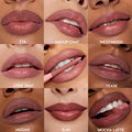 ColourPop So Juicy Plumping Lip Liner Set Juiciest Pout swatched on lips - nine close-up panels show shades ETA, Group Chat, Westwood, Love That, Tease, Jaguar, Slay, Mocha Latte, with one pencil applying color - nude to berry tones on diverse skin.