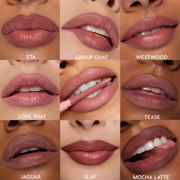 ColourPop So Juicy Plumping Lip Liner Set Juiciest Pout swatched on lips - nine close-up panels show shades ETA, Group Chat, Westwood, Love That, Tease, Jaguar, Slay, Mocha Latte, with one pencil applying color - nude to berry tones on diverse skin.