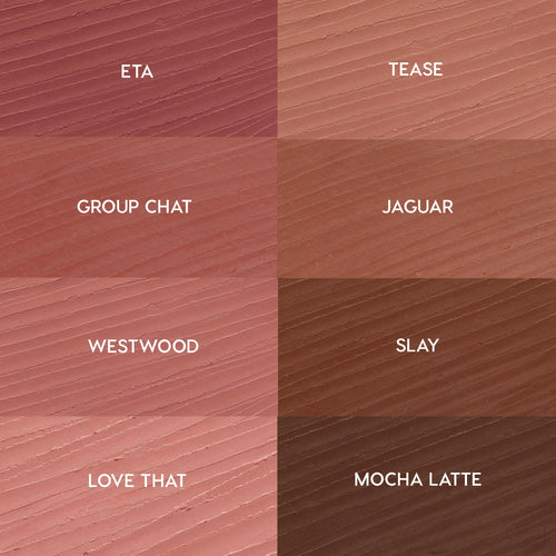 Swatch grid highlighting Juiciest Pout, the ColourPop So Juicy Plumping Lip Liner Set - eight creamy shades in a 2x4 layout labeled ETA, TEASE, GROUP CHAT, JAGUAR, WESTWOOD, SLAY, LOVE THAT, MOCHA LATTE - spanning rosy mauves to rich browns.