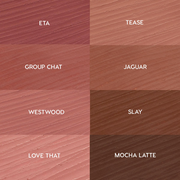 Swatch grid highlighting Juiciest Pout, the ColourPop So Juicy Plumping Lip Liner Set - eight creamy shades in a 2x4 layout labeled ETA, TEASE, GROUP CHAT, JAGUAR, WESTWOOD, SLAY, LOVE THAT, MOCHA LATTE - spanning rosy mauves to rich browns.