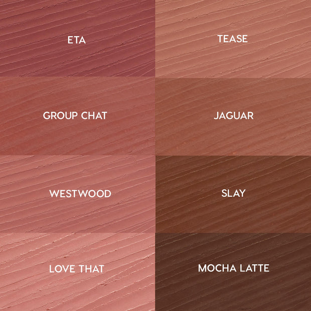 Swatch grid highlighting Juiciest Pout, the ColourPop So Juicy Plumping Lip Liner Set - eight creamy shades in a 2x4 layout labeled ETA, TEASE, GROUP CHAT, JAGUAR, WESTWOOD, SLAY, LOVE THAT, MOCHA LATTE - spanning rosy mauves to rich browns.