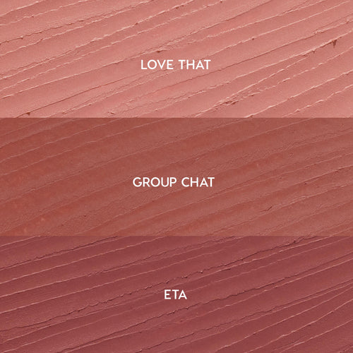 Creamy lip liner swatches show three shades for the Lips Don’t Lie ColourPop So Juicy Plumping Lip Liner Set - Love That (soft pink nude), Group Chat (warm rose), and ETA (mauve) - streaked in horizontal bands on a textured background.