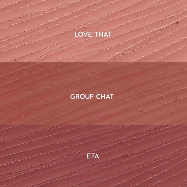 Creamy lip liner swatches show three shades for the Lips Don’t Lie ColourPop So Juicy Plumping Lip Liner Set - Love That (soft pink nude), Group Chat (warm rose), and ETA (mauve) - streaked in horizontal bands on a textured background.