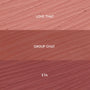 Creamy lip liner swatches show three shades for the Lips Don’t Lie ColourPop So Juicy Plumping Lip Liner Set - Love That (soft pink nude), Group Chat (warm rose), and ETA (mauve) - streaked in horizontal bands on a textured background.