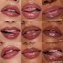 Glossy lips model Lush Pout in a 3x3 swatch grid, showcasing the high-shine, plumping finish of the ColourPop So Juicy Plumping Gloss Balm with Peptides; nude-toned shades Doe, PSL, and Vacay Mode displayed on varied skin tones.