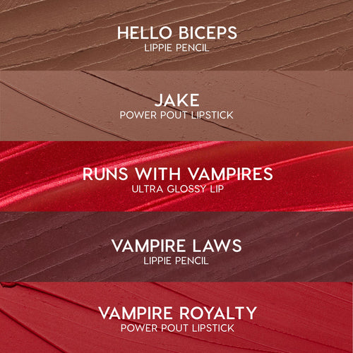 Five swatches display the ColourPop Pack Member lip set: Hello Biceps pencil (warm taupe), Jake Power Pout lipstick (soft cocoa), Runs With Vampires gloss (shimmery red), Vampire Laws pencil (deep burgundy), Vampire Royalty Power Pout lipstick (true red).