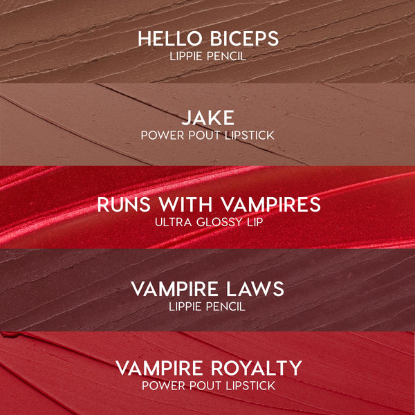 Five swatches display the ColourPop Pack Member lip set: Hello Biceps pencil (warm taupe), Jake Power Pout lipstick (soft cocoa), Runs With Vampires gloss (shimmery red), Vampire Laws pencil (deep burgundy), Vampire Royalty Power Pout lipstick (true red).