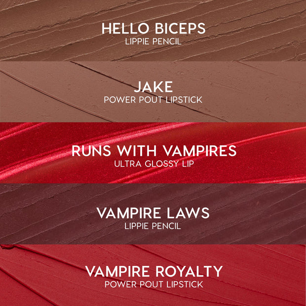 Five swatches display the ColourPop Pack Member lip set: Hello Biceps pencil (warm taupe), Jake Power Pout lipstick (soft cocoa), Runs With Vampires gloss (shimmery red), Vampire Laws pencil (deep burgundy), Vampire Royalty Power Pout lipstick (true red).