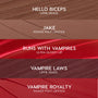 Five swatches display the ColourPop Pack Member lip set: Hello Biceps pencil (warm taupe), Jake Power Pout lipstick (soft cocoa), Runs With Vampires gloss (shimmery red), Vampire Laws pencil (deep burgundy), Vampire Royalty Power Pout lipstick (true red).