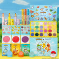 Pokémon x ColourPop Collection showcasing the ColourPop Full Collection Set, arranged front-facing with a 24-pan eyeshadow palette, lip crayons, blushes, and Super Shock shadows in bright character packaging featuring Pikachu, Squirtle, Charmander, and Bulbasaur.