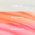 Three glossy pastel swatches showcase the ColourPop Glossy Lip Balm Trio, Pretty in Pastels - Vanilla Cake (sheer milky white), Mango Sorbet (soft peach), and Strawberry Milk (rosy pink) - arranged in horizontal bands on a clean backdrop.