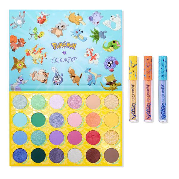 Ready For Battle ColourPop Shadow Palette & Ultra Glossy Lip Set displays an open 24-shade palette of pastels, brights, mattes, and shimmers with Pokémon artwork, alongside three Ultra Glossy Lip tubes at right with yellow, orange, and blue caps.