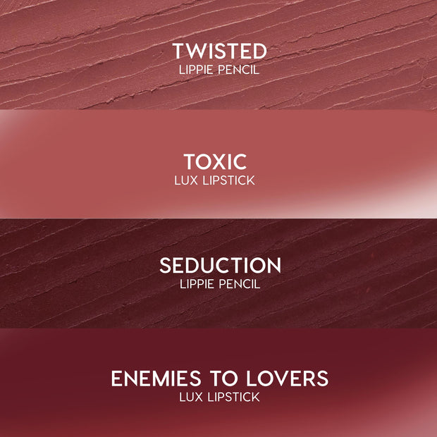 Secret Kiss ColourPop Lipstick & Lip Pencil Set swatches, four horizontal bands labeled Twisted (mauve lippie pencil), Toxic (rosy nude Lux Lipstick), Seduction (deep burgundy pencil), and Enemies to Lovers (rich wine Lux Lipstick).
