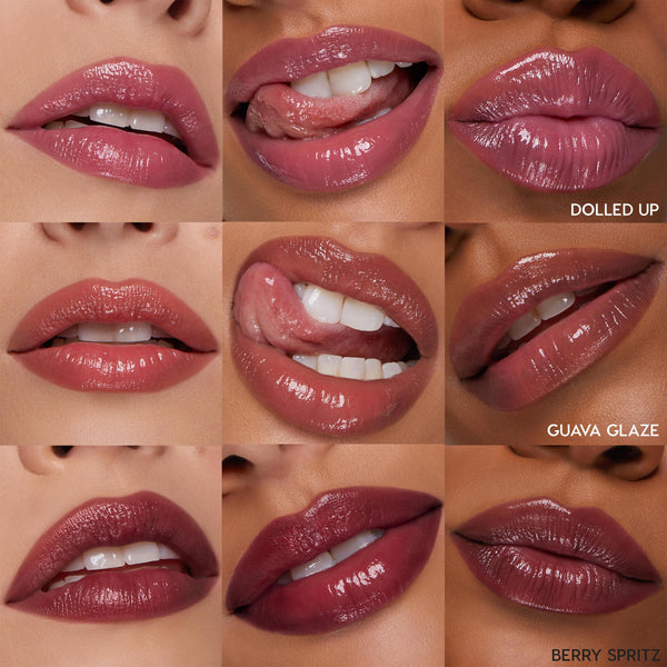 Glossy lips showcasing ColourPop She’s So Juicy So Juicy Plumping Gloss Balm with Peptides, swatched in a 3x3 grid on varied skin tones; shades Dolled Up, Guava Glaze, and Berry Spritz labeled with a high-shine, plumping finish.