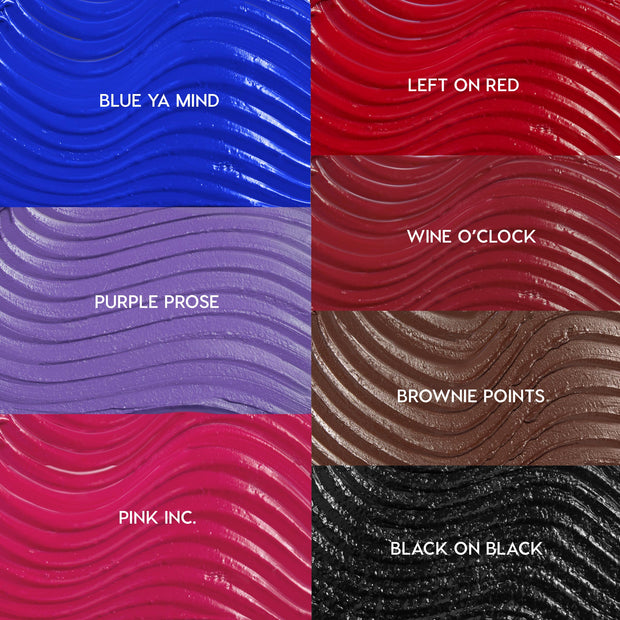 Slays of the Week ColourPop Mascara Set swatches display wavy, textured color stripes in a grid: Blue Ya Mind cobalt, Left on Red true red, Purple Prose lavender, Wine O’Clock burgundy, Pink Inc. fuchsia, Brownie Points chocolate, Black on Black.