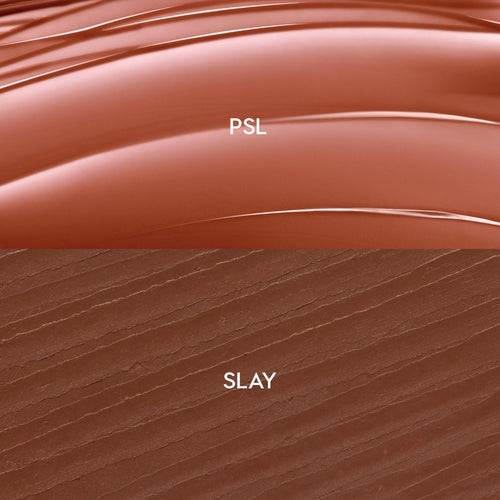 Swatches show a glossy terracotta balm labeled PSL over a matte deep cocoa liner labeled SLAY, demonstrating shade and texture of the Smooches ColourPop So Juicy Plumping Lip Liner & Balm Set, with smooth curved balm streaks and fine liner strokes.