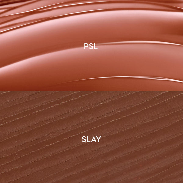 Swatches show a glossy terracotta balm labeled PSL over a matte deep cocoa liner labeled SLAY, demonstrating shade and texture of the Smooches ColourPop So Juicy Plumping Lip Liner & Balm Set, with smooth curved balm streaks and fine liner strokes.