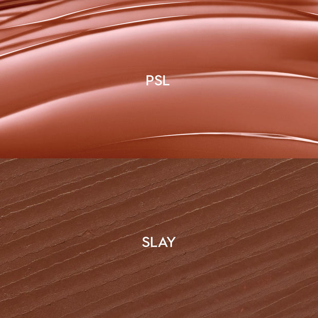 Swatches show a glossy terracotta balm labeled PSL over a matte deep cocoa liner labeled SLAY, demonstrating shade and texture of the Smooches ColourPop So Juicy Plumping Lip Liner & Balm Set, with smooth curved balm streaks and fine liner strokes.