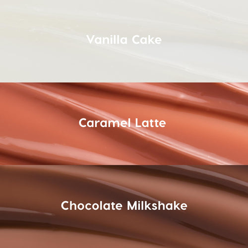 Sweet Treats ColourPop Glossy Lip Balm Trio swatches - sheer clear Vanilla Cake, warm caramel nude Caramel Latte, and rich chocolate brown Chocolate Milkshake - shown as glossy, rippled stripes on a neutral backdrop.