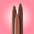 Three chubby lip liner pencils stand upright, showing nude and deep brown shades against a pink gradient; Total Slay, ColourPop So Juicy Plumping Lip Liner Set, creamy plumping formula for fuller, defined lips.