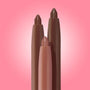 Three chubby lip liner pencils stand upright, showing nude and deep brown shades against a pink gradient; Total Slay, ColourPop So Juicy Plumping Lip Liner Set, creamy plumping formula for fuller, defined lips.