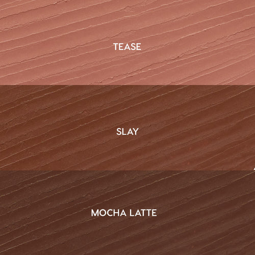 Three stacked lip liner swatches labeled Tease (soft pink nude), Slay (warm brown), and Mocha Latte (deep mocha) show a smooth, creamy texture, representing the ColourPop So Juicy Plumping Lip Liner Set, Total Slay.