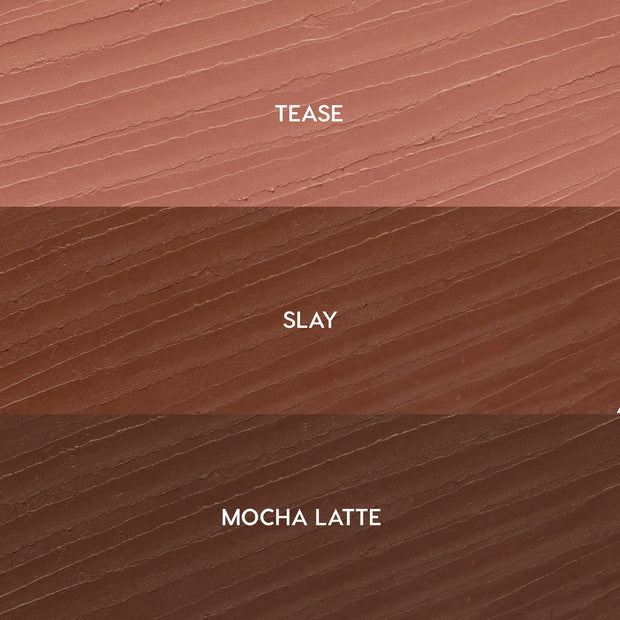 Three stacked lip liner swatches labeled Tease (soft pink nude), Slay (warm brown), and Mocha Latte (deep mocha) show a smooth, creamy texture, representing the ColourPop So Juicy Plumping Lip Liner Set, Total Slay.