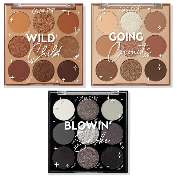 Tone Up ColourPop Shadow Palette Set showcasing three 9-pan palettes - Wild Child (rich warm browns), Going Coconuts (creamy nudes with sparkle), and Blowin' Smoke (charcoal and silver smokey tones) - arranged on a white background.
