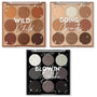 Tone Up ColourPop Shadow Palette Set showcasing three 9-pan palettes - Wild Child (rich warm browns), Going Coconuts (creamy nudes with sparkle), and Blowin' Smoke (charcoal and silver smokey tones) - arranged on a white background.
