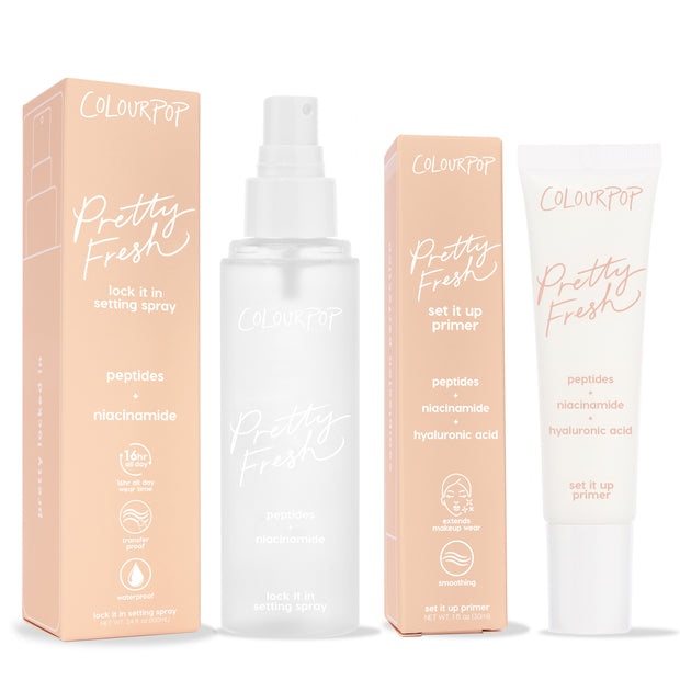 ColourPop Face Set Hydrating Prime + Set features Pretty Fresh set it up primer (peptides, niacinamide, hyaluronic acid) and lock it in setting spray (peptides, niacinamide), standing with peach boxes on a white background, promoting 16-hour, transfer-proof wear.