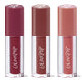 Trio of ColourPop Lip Stain, Everyday Besties, standing upright - clear tubes with ColourPop logo and heart-shaped caps in deep berry, warm mocha, and soft rosy nude shades, grouped as a bundle on a white background.