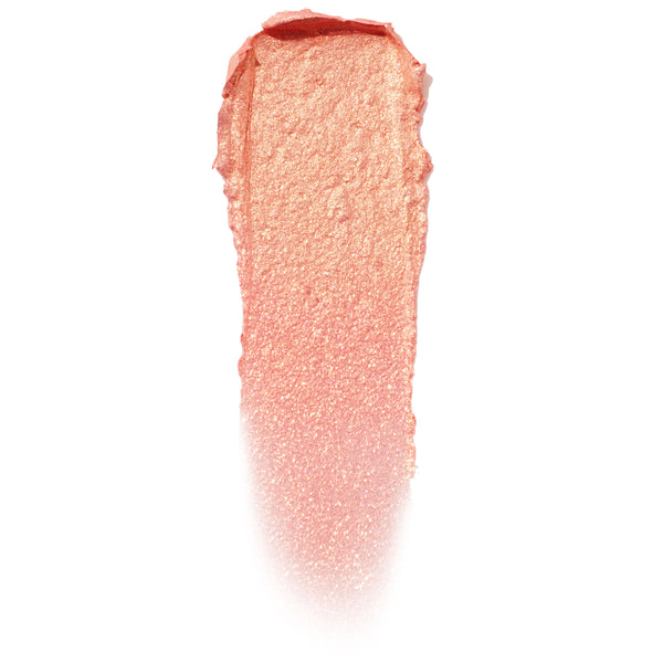 Single-swipe swatch of Buzzy Jelly Much Shadow streaking downward, showing a metallic peach-coral hue with gold shimmer in a smooth gel texture on a white background; ColourPop Jelly Much Shadow.