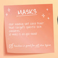 Avocado Superfood Mask highlighted on a peach gradient sticky‑note graphic, promoting a 10‑minute weekly self‑care face treatment that targets specific skin concerns and works for all skin types; ColourPop Face Mask message with sparkles and a checkmark.