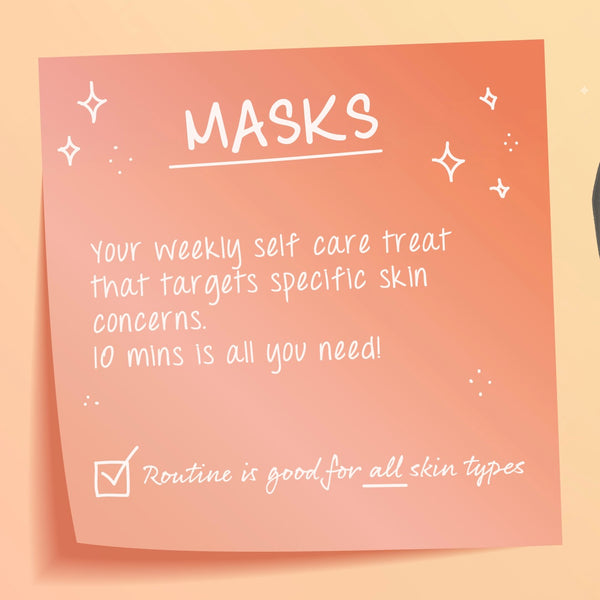 Avocado Superfood Mask highlighted on a peach gradient sticky‑note graphic, promoting a 10‑minute weekly self‑care face treatment that targets specific skin concerns and works for all skin types; ColourPop Face Mask message with sparkles and a checkmark.