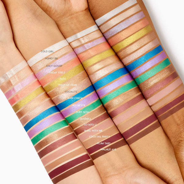 Bare With Me ColourPop Shadow Stix swatch shown as a clean stripe on four forearms of different skin tones, labeled among many shades to display pigment and creamy payoff from the Shadow Stix cream eyeshadow collection.