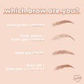 ColourPop Cool Cocoa Pencil brow pencil demonstrating results in a peach-toned infographic - brow pencil gives defined arches, pencil + gel natural, gel alone fluffy, and gel + wax contoured - illustrated brows guide shoppers to pick their finish.