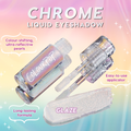 ColourPop Chrome Liquid Shadow Glaze swatched as a pearly, color-shifting chrome streak, with an open clear tube and doe-foot applicator next to a holographic ColourPop bottle; pastel backdrop calls out long-lasting wear and easy application.
