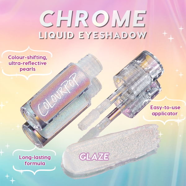 ColourPop Chrome Liquid Shadow Glaze swatched as a pearly, color-shifting chrome streak, with an open clear tube and doe-foot applicator next to a holographic ColourPop bottle; pastel backdrop calls out long-lasting wear and easy application.