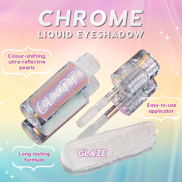 ColourPop Chrome Liquid Shadow Glaze swatched as a pearly, color-shifting chrome streak, with an open clear tube and doe-foot applicator next to a holographic ColourPop bottle; pastel backdrop calls out long-lasting wear and easy application.