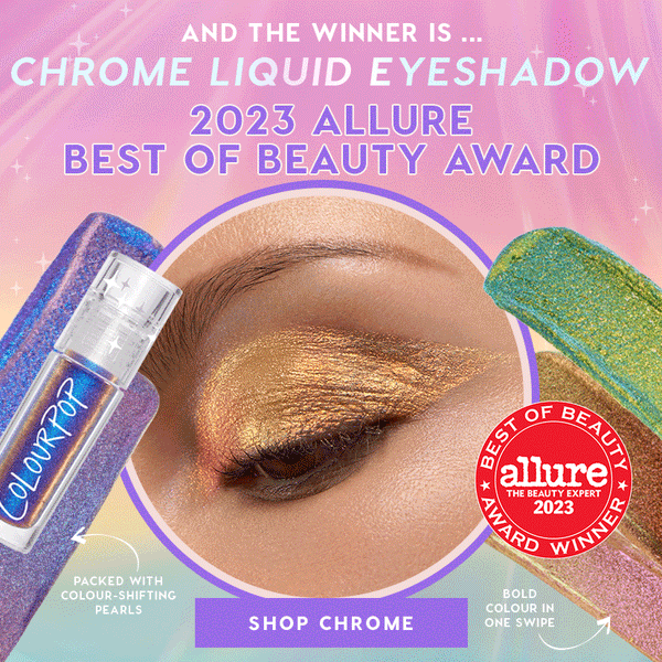 Feelin’ Bold ColourPop Chrome Liquid Shadow coating a closed eyelid in gold‑to‑pink duochrome shimmer, packed with color‑shifting pearls and bold one‑swipe payoff; 2023 Allure Best of Beauty award seal on a pastel promo background.