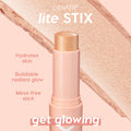 ColourPop Lite Stix Molten Hot highlighter stands uncapped, showing a champagne-gold cream tip as a shimmery swatch arcs behind; peach tube on blush-pink backdrop with callouts: Hydrates skin, Buildable radiant glow, Mess-free stick - get glowing.