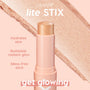 ColourPop Lite Stix Molten Hot highlighter stands uncapped, showing a champagne-gold cream tip as a shimmery swatch arcs behind; peach tube on blush-pink backdrop with callouts: Hydrates skin, Buildable radiant glow, Mess-free stick - get glowing.