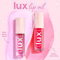 ColourPop Lux Lip Oil in Cherry Bite stands upright with a clear tube and blush cap, showing a bright cherry-red tint; glossy swatches behind highlight sheer, comfy, non-sticky shine on a pink backdrop alongside a second pink shade.
