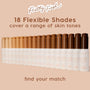 ColourPop Pretty Fresh Tinted Foundation Balm sticks lined up in a gradient of 18 flexible shades - from fair to deep - on a blush-beige backdrop, showcasing inclusive coverage; white tubes with peach script, including shades like Medium 12.
