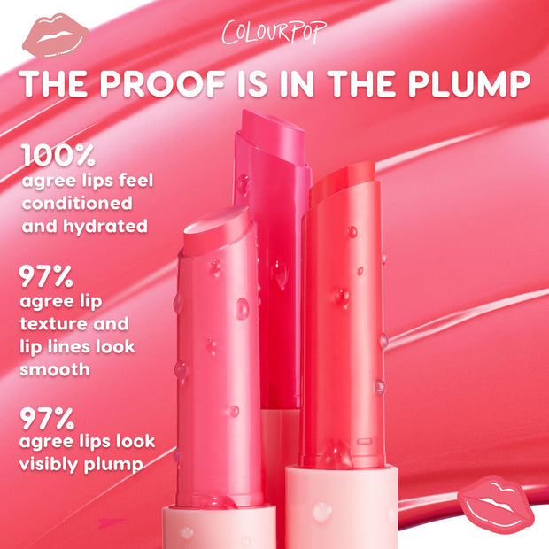 Passenger Princess So Juicy Plumping Gloss Balm with Peptides by Colourpop standing in three shiny pink tubes with water droplets against a glossy coral backdrop, highlighting hydrating, smoothing, visibly plumping Lip Gloss & Lip Oil benefits.