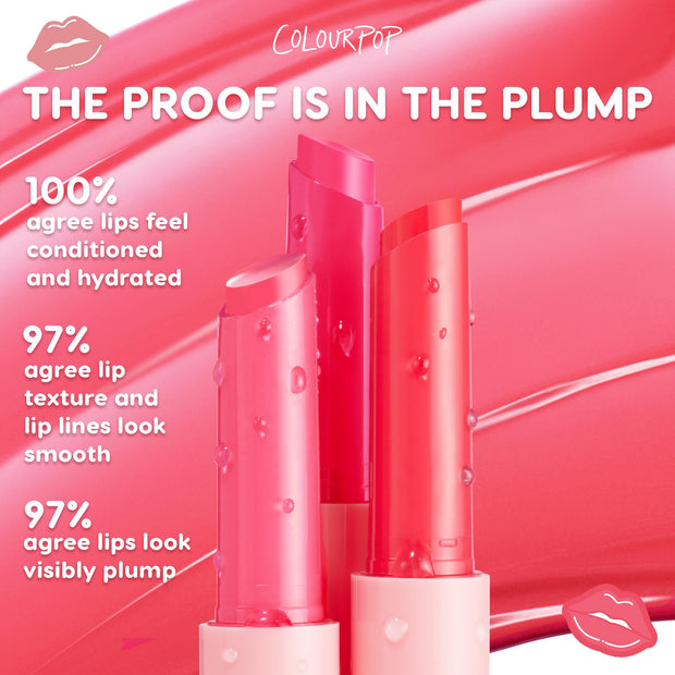 Berry Spritz ColourPop So Juicy Plumping Gloss Balm with Peptides - three dewy pink bullet balms standing upright with water droplets - promising 100% conditioned, 97% smoother, and 97% visibly plumper lips on a glossy pink backdrop with ColourPop branding.
