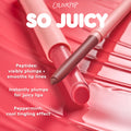 ColourPop So Juicy Plumping Gloss Balm with Peptides in Berry Spritz, two twist-up pink balms resting on a glossy berry smear, highlighting plumping peptides and peppermint for a cool tingle and smoother, juicier lips.